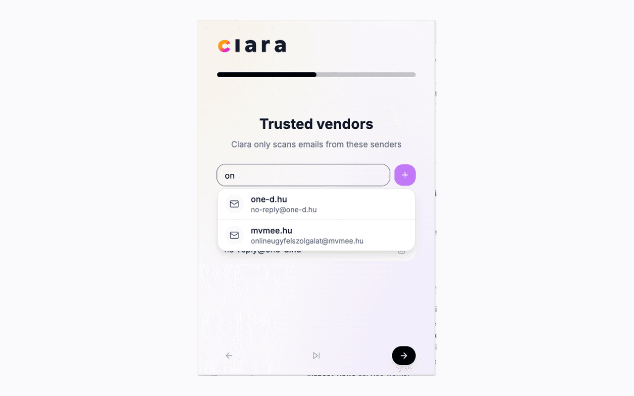 Clara settings page — adding a vendor email address